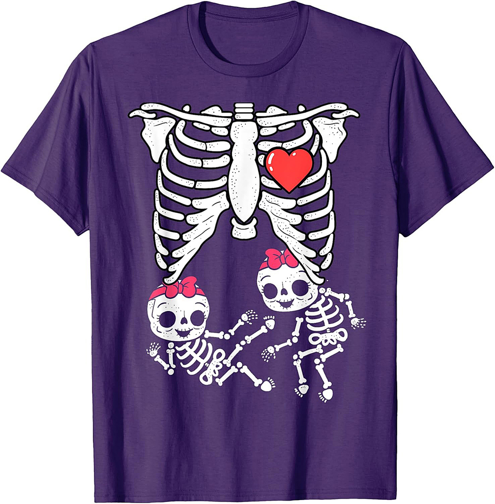 Skeleton Pregnancy Shirt Girl Twins X-Ray Pregnant Halloween T-Shirt
