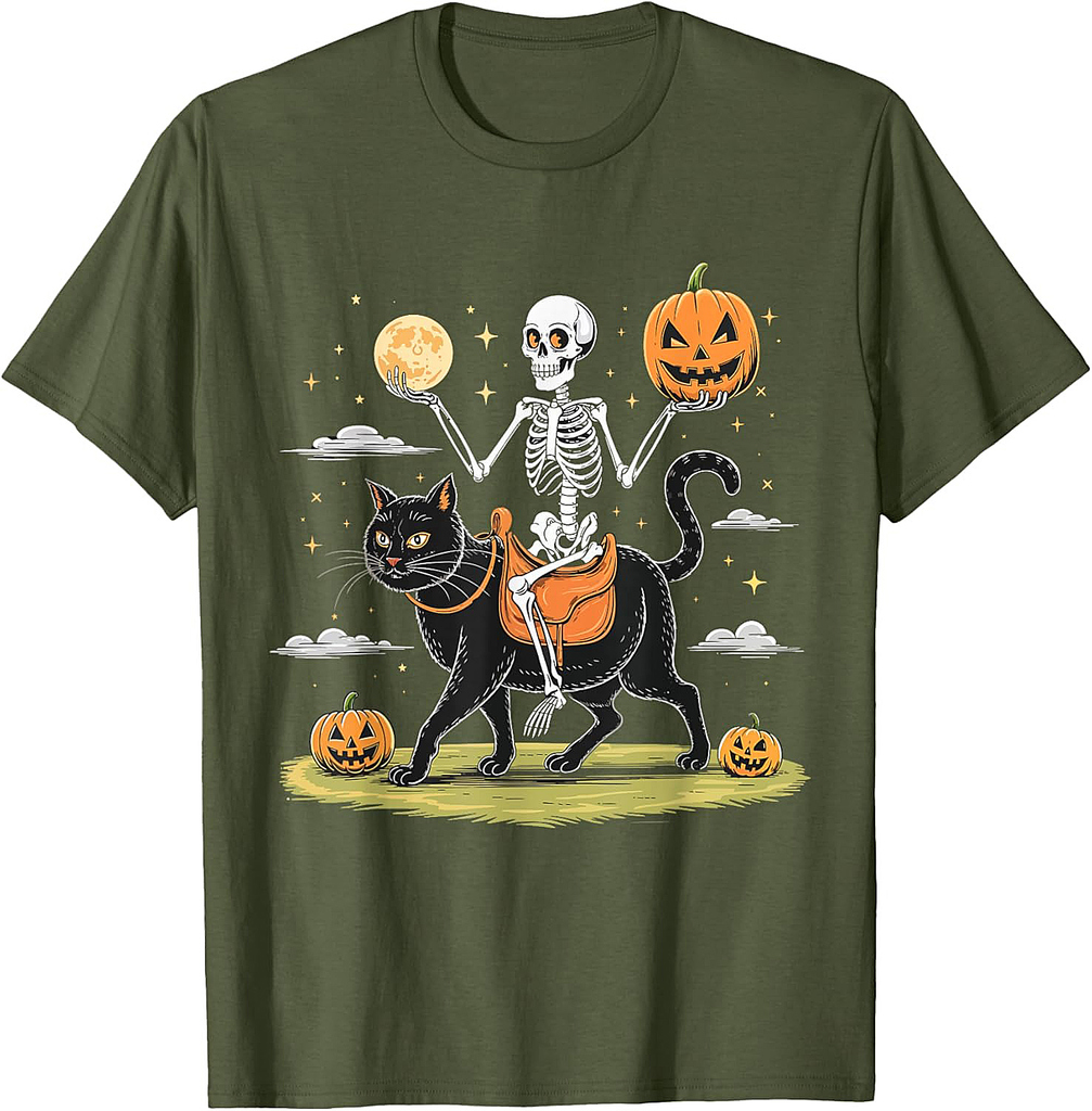 Skeleton Riding Black Cat Shirt Funny Halloween Horror Night Men Women Kids T-Shirt