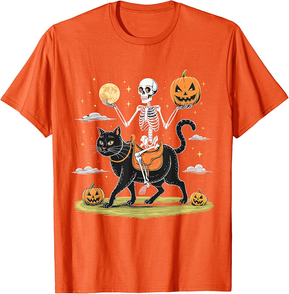 Skeleton Riding Black Cat Shirt Funny Halloween Horror Night Men Women Kids T-Shirt