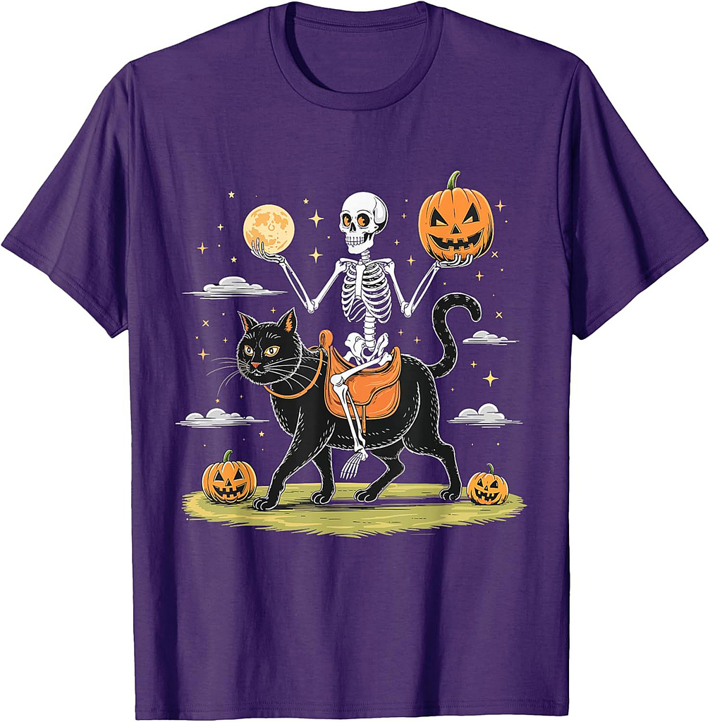 Skeleton Riding Black Cat Shirt Funny Halloween Horror Night Men Women Kids T-Shirt