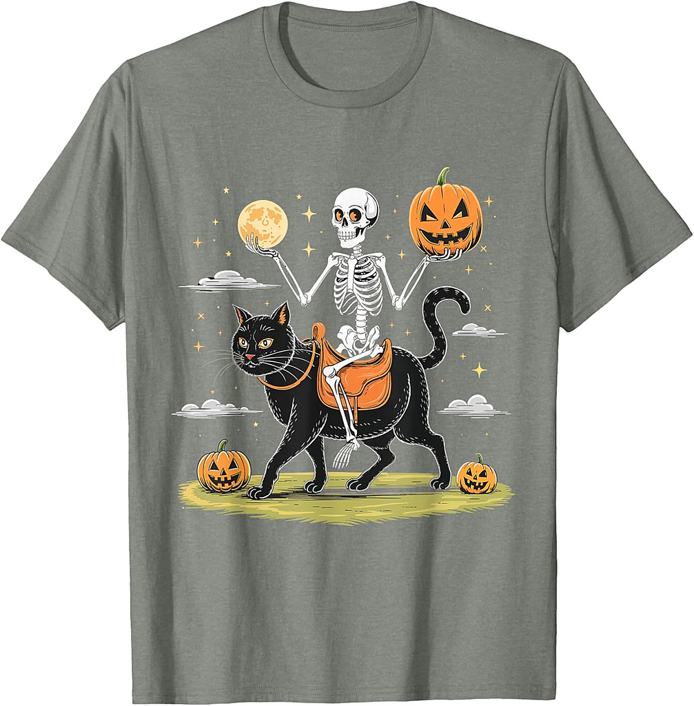 Skeleton Riding Black Cat Shirt Funny Halloween Horror Night Men Women Kids T-Shirt