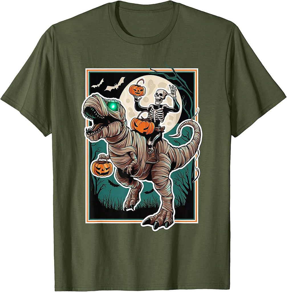 Skeleton Riding Mummy Pumpkin T Rex Dinosaur Funny Halloween T-Shirt