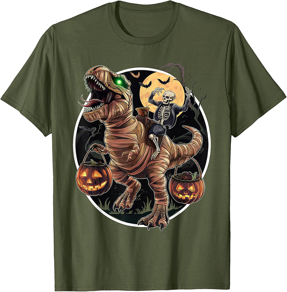 Skeleton Riding Mummy Pumpkin T Rex Dinosaur Funny Halloween T-Shirt