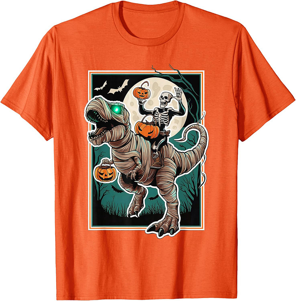 Skeleton Riding Mummy Pumpkin T Rex Dinosaur Funny Halloween T-Shirt