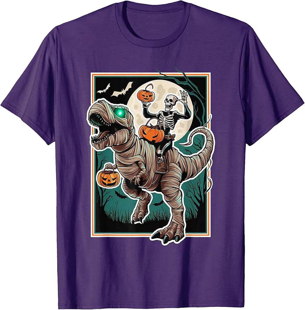Skeleton Riding Mummy Pumpkin T Rex Dinosaur Funny Halloween T-Shirt