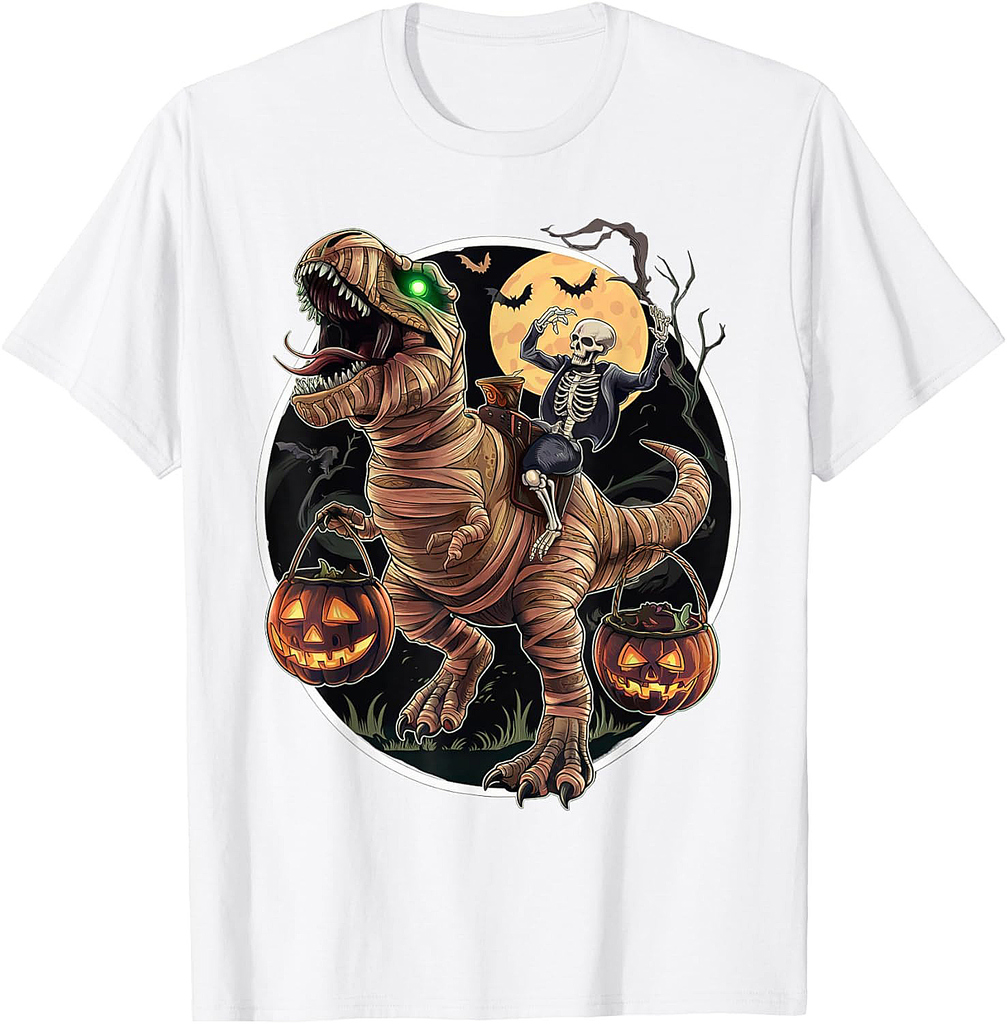Skeleton Riding Mummy Pumpkin T Rex Dinosaur Funny Halloween T-Shirt