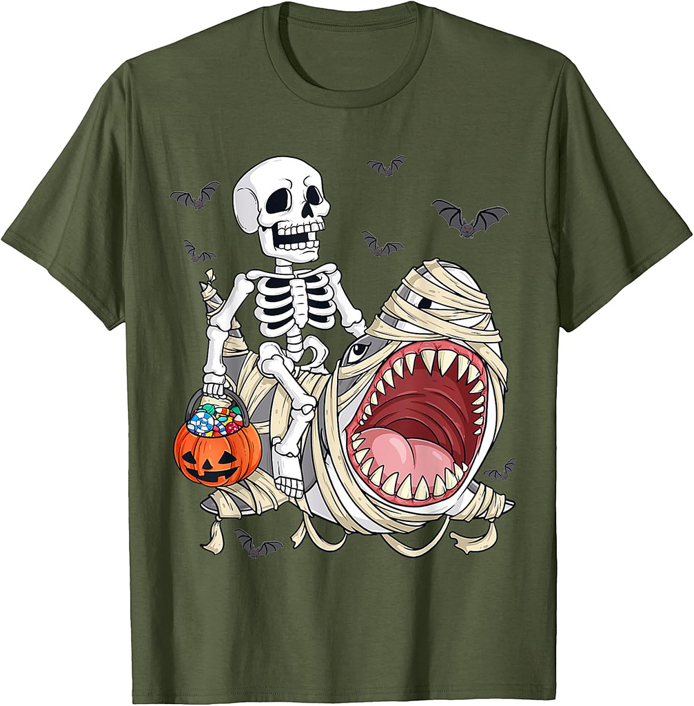 Skeleton Riding Mummy Shark Funny Halloween Pumpkin Kids T-Shirt