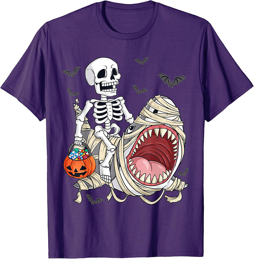 Skeleton Riding Mummy Shark Funny Halloween Pumpkin Kids T-Shirt