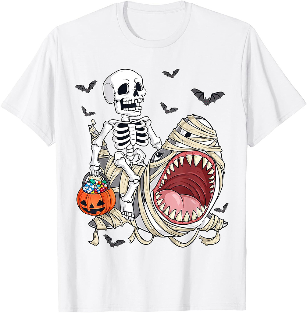 Skeleton Riding Mummy Shark Funny Halloween Pumpkin Kids T-Shirt