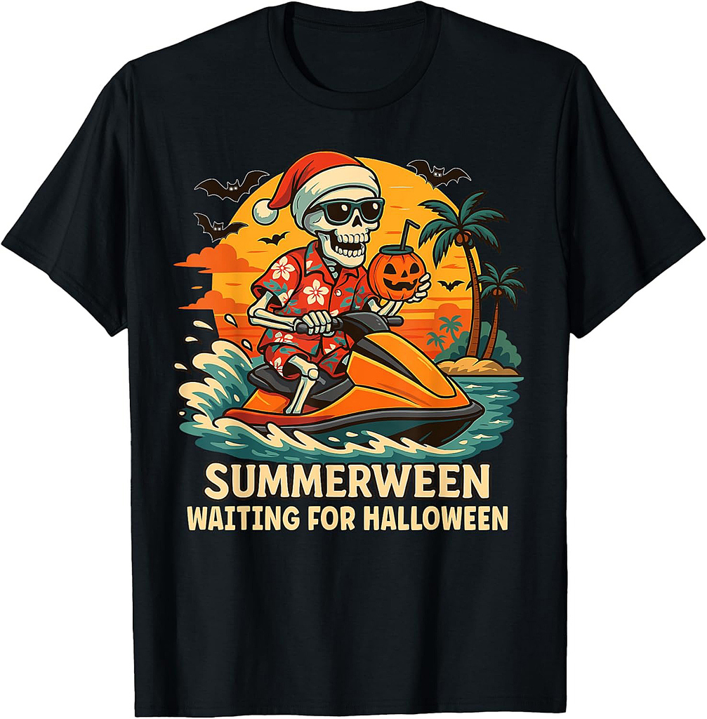 Skeleton Riding Water Scooter Summer Vibes Halloween Funny T-Shirt