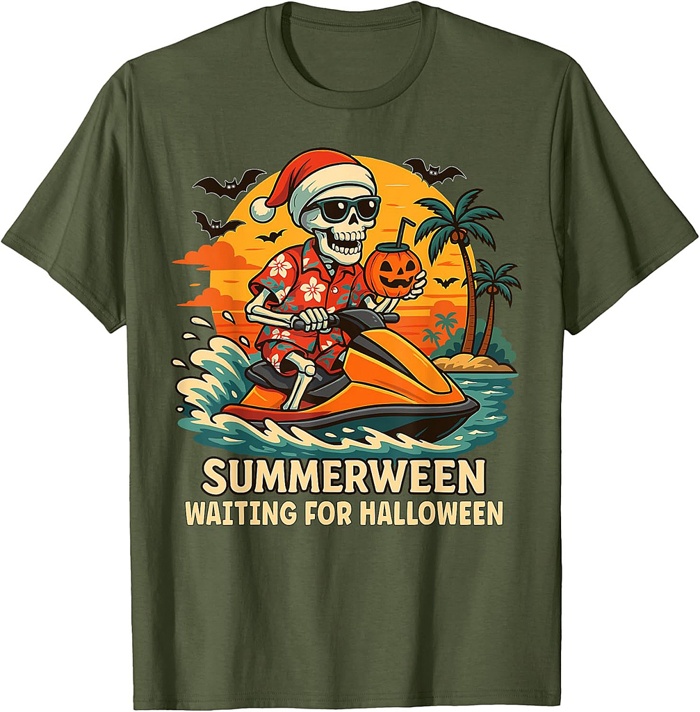 Skeleton Riding Water Scooter Summer Vibes Halloween Funny T-Shirt