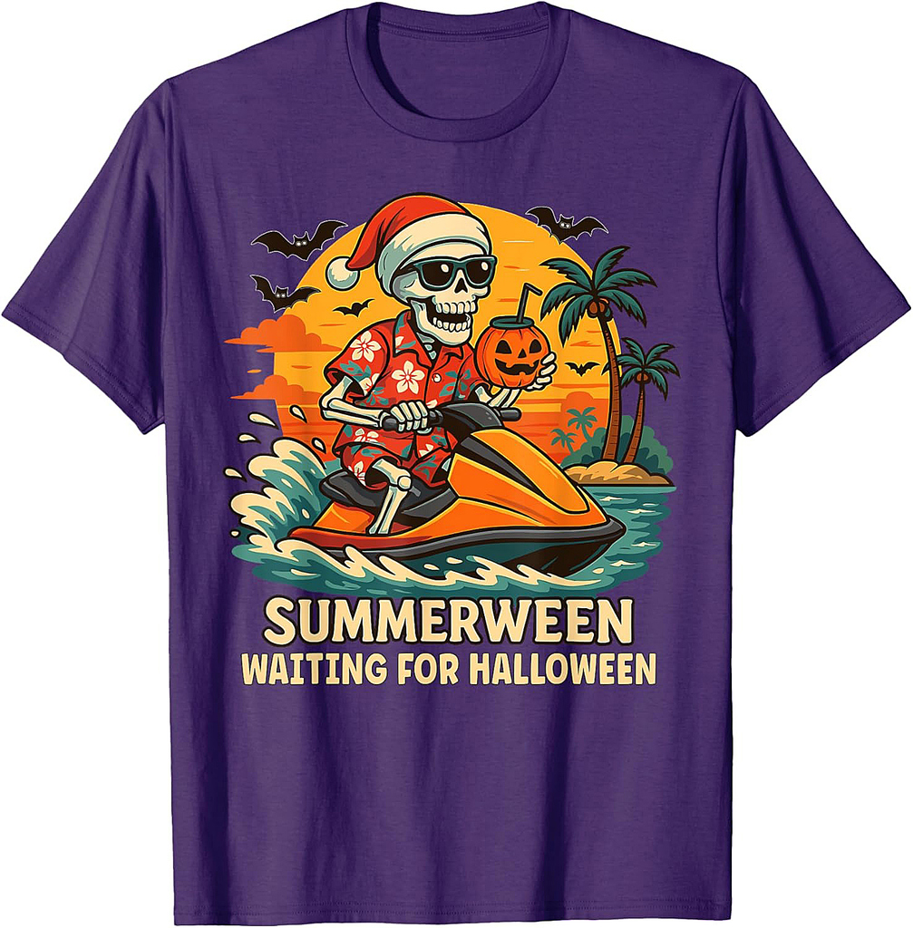 Skeleton Riding Water Scooter Summer Vibes Halloween Funny T-Shirt
