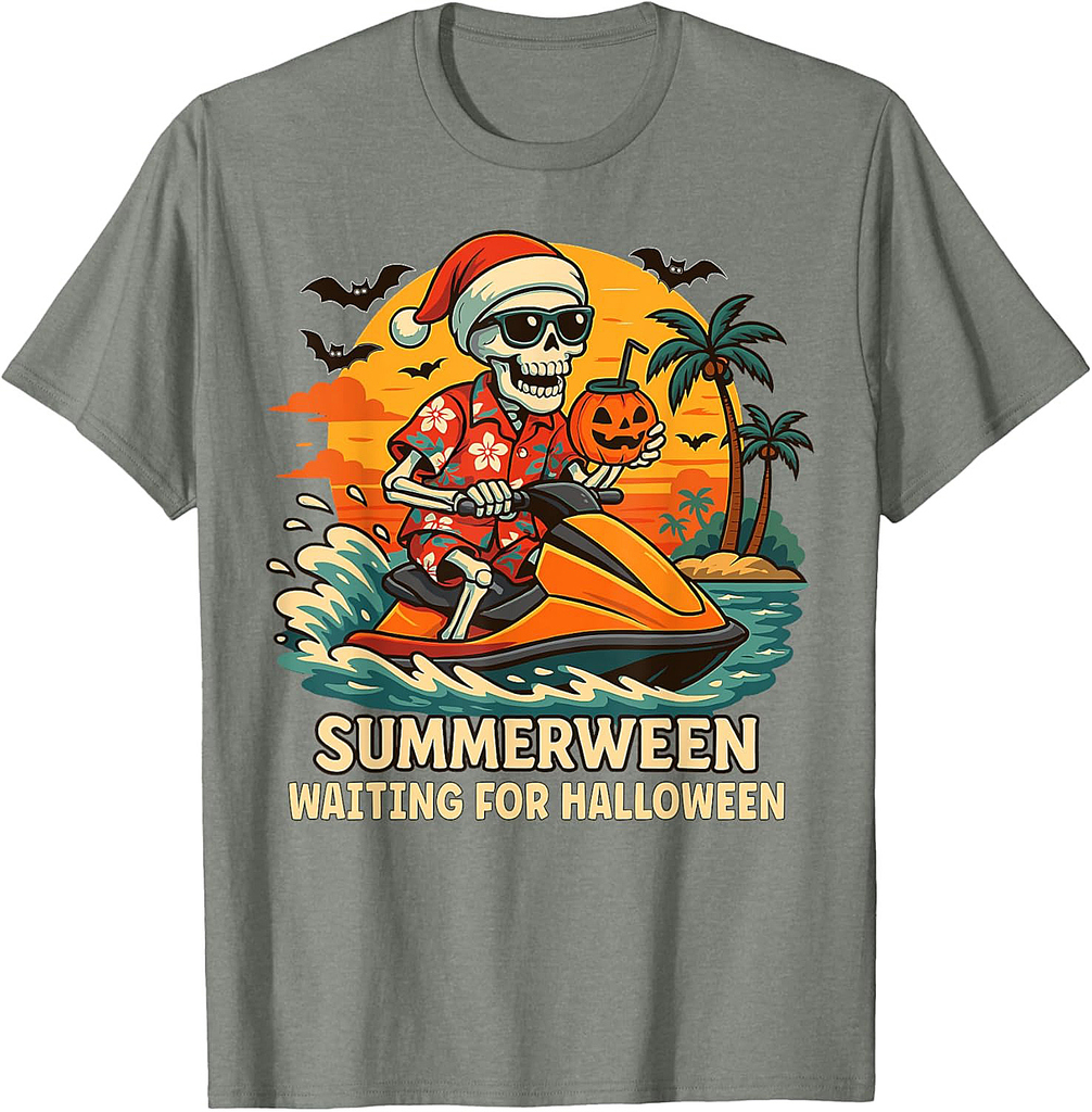 Skeleton Riding Water Scooter Summer Vibes Halloween Funny T-Shirt
