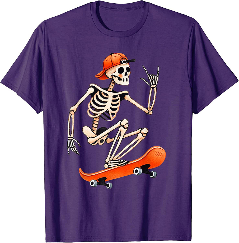 Skeleton Skateboarding Halloween Funny Skater Rock Men Boys T-Shirt