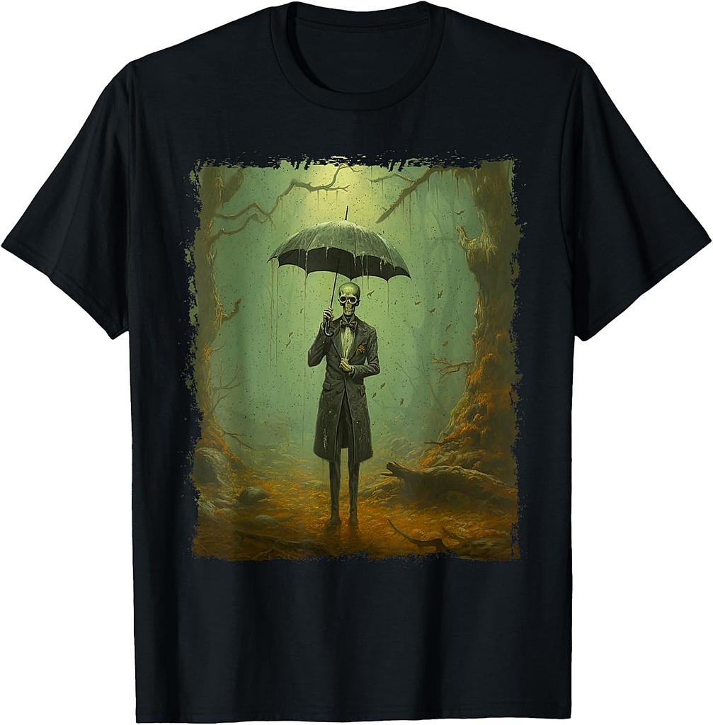 Skeleton in the Rain – Vintage Goth Halloween T-Shirt