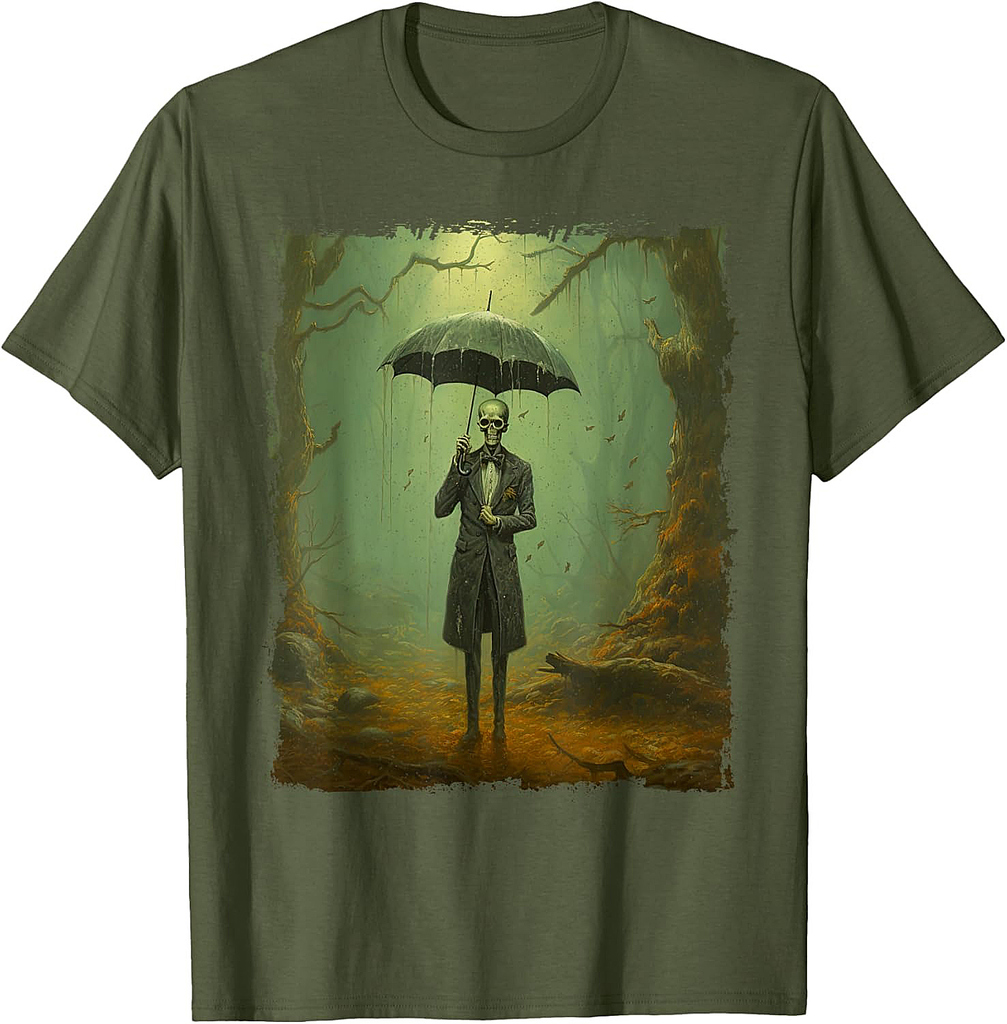 Skeleton in the Rain – Vintage Goth Halloween T-Shirt