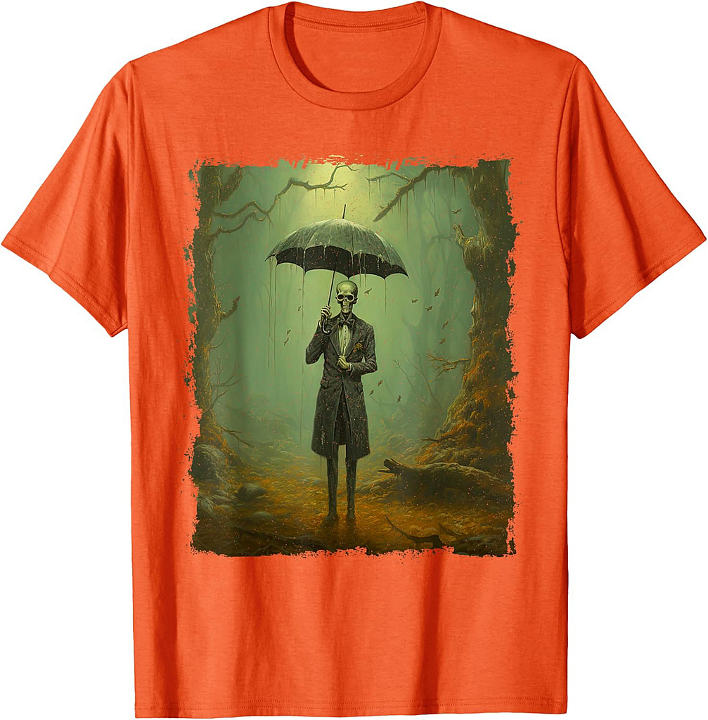 Skeleton in the Rain – Vintage Goth Halloween T-Shirt