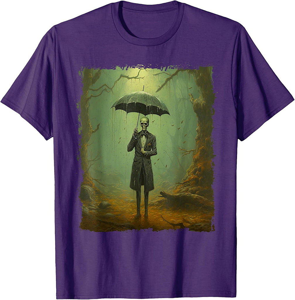 Skeleton in the Rain – Vintage Goth Halloween T-Shirt