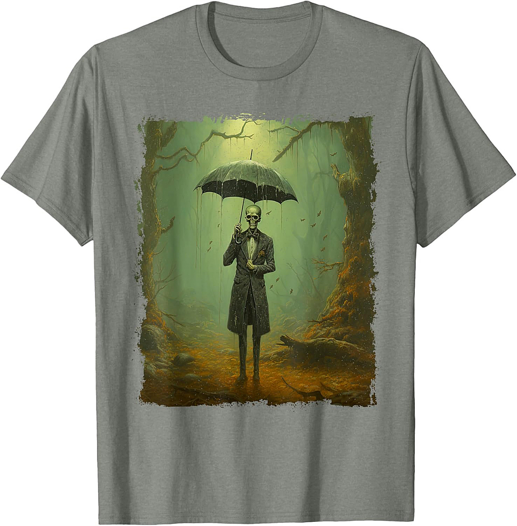 Skeleton in the Rain – Vintage Goth Halloween T-Shirt