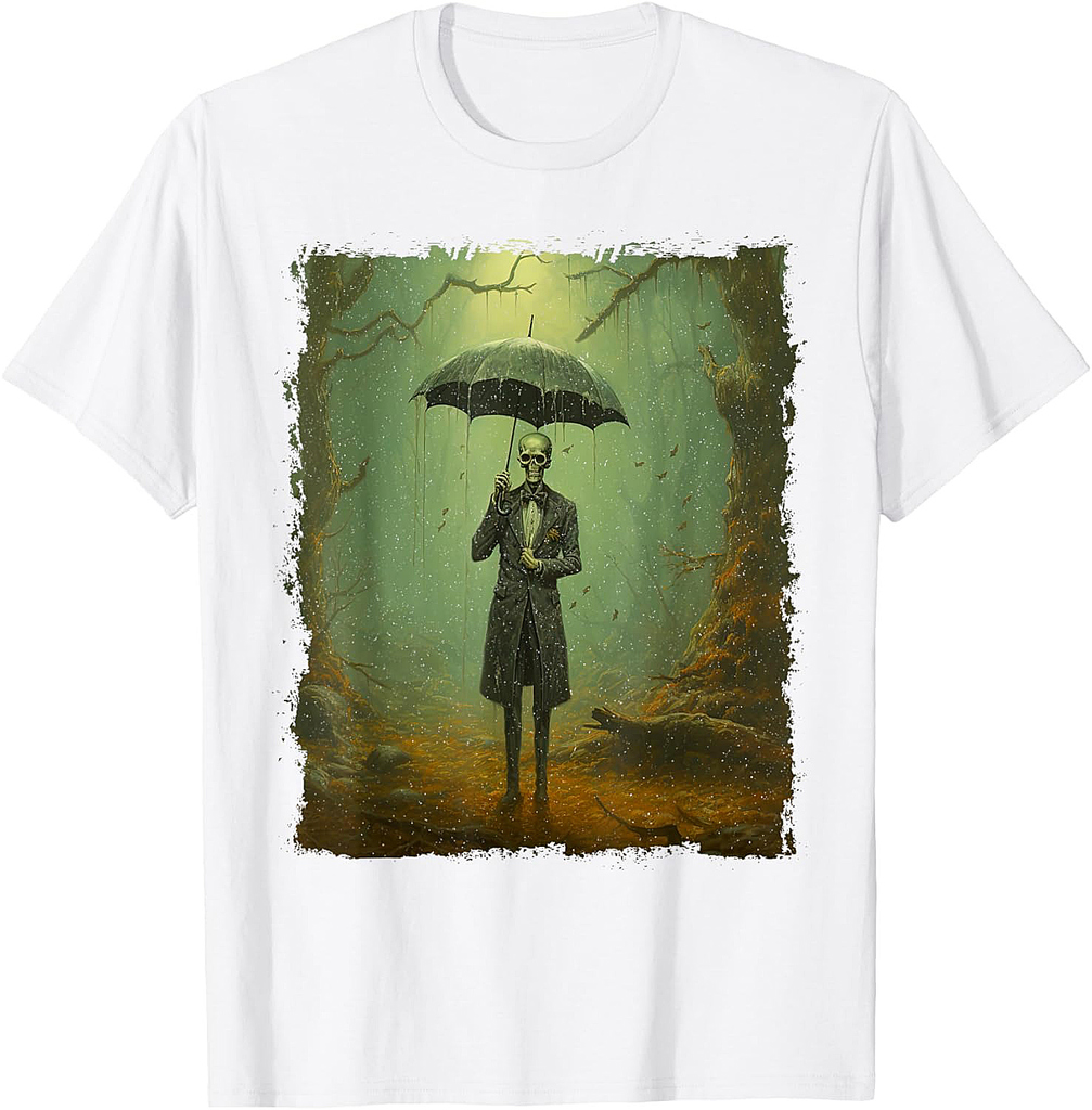 Skeleton in the Rain – Vintage Goth Halloween T-Shirt