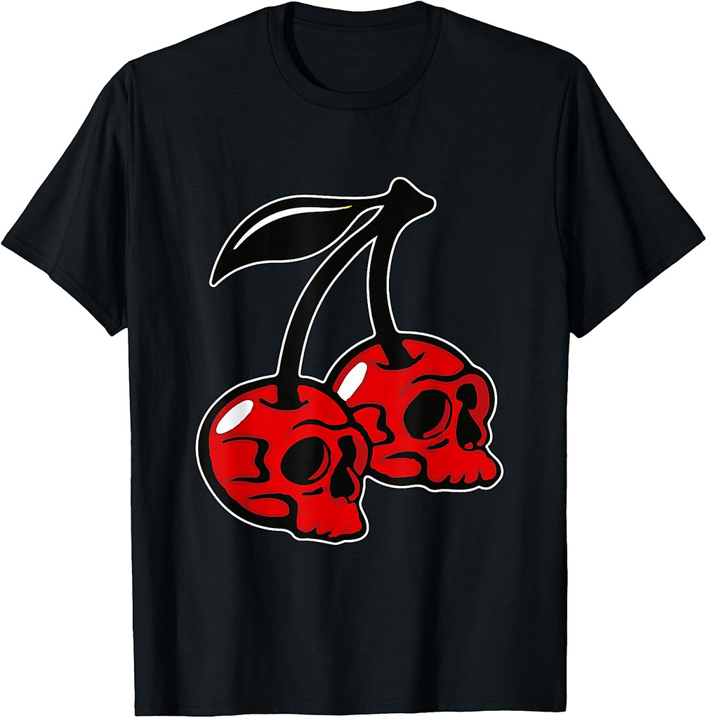 Skull Cherry Lazy Halloween Costume Cool Goth Skeleton Fruit T-Shirt