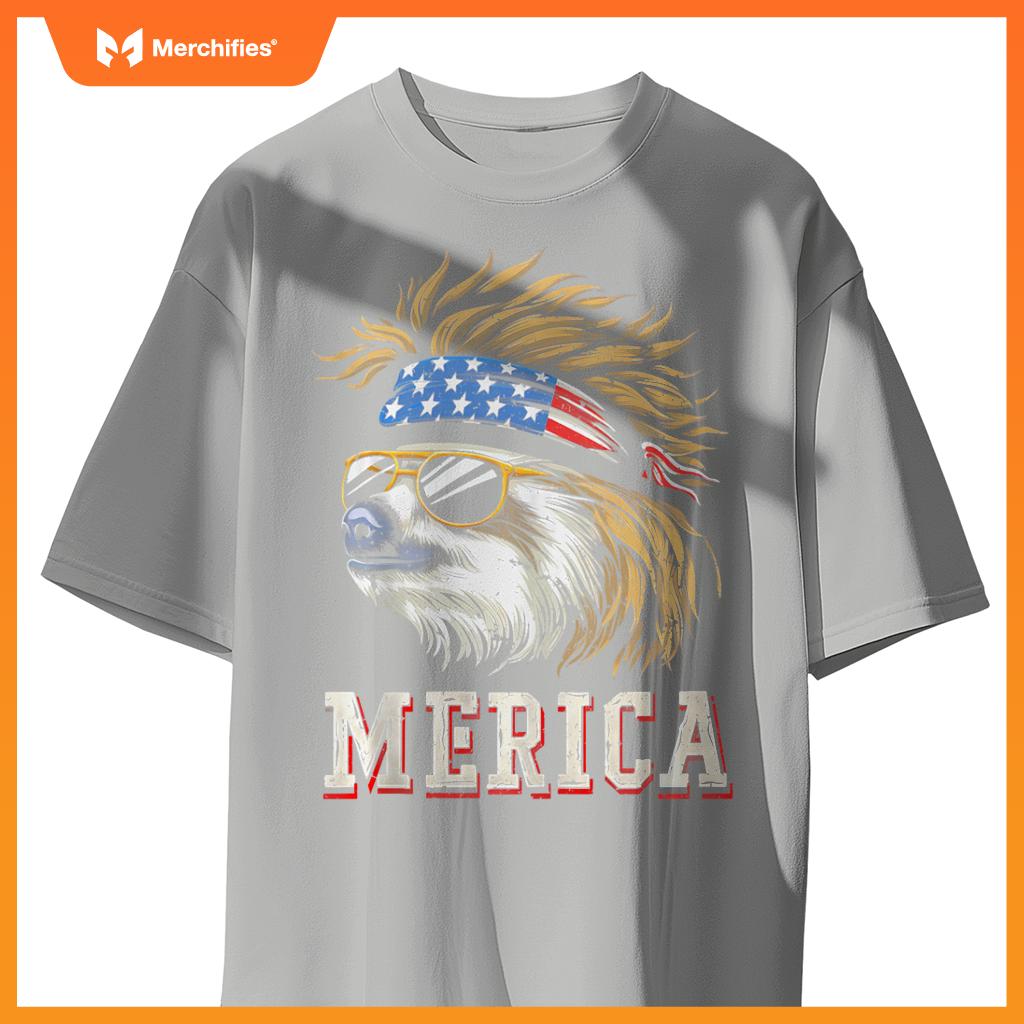 Sloth - Patriotic USA 4th of July American Flag Mullet Funny T-Shirt