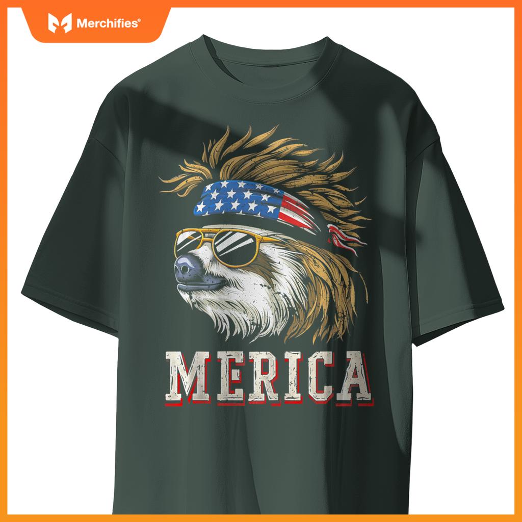 Sloth - Patriotic USA 4th of July American Flag Mullet Funny T-Shirt