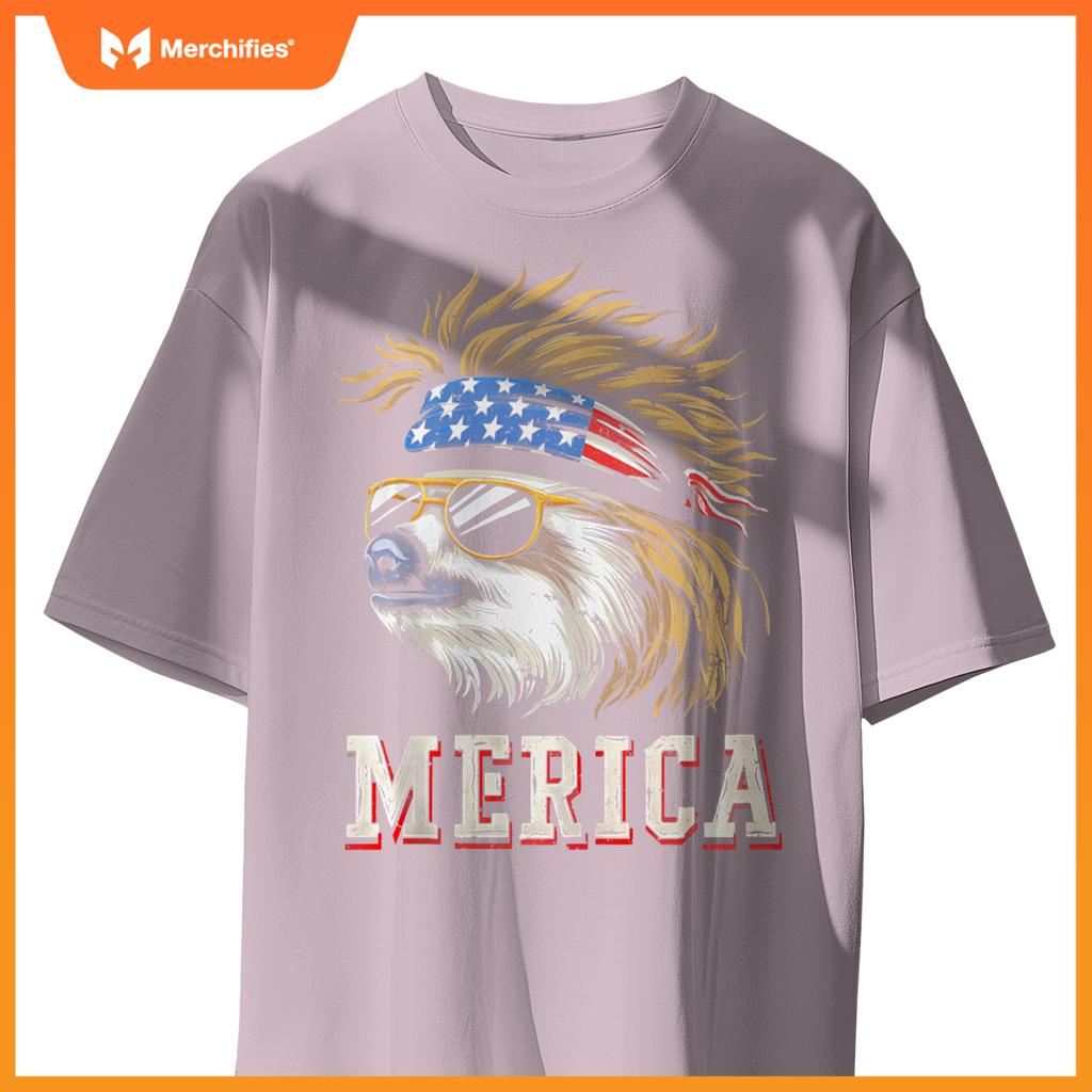 Sloth - Patriotic USA 4th of July American Flag Mullet Funny T-Shirt