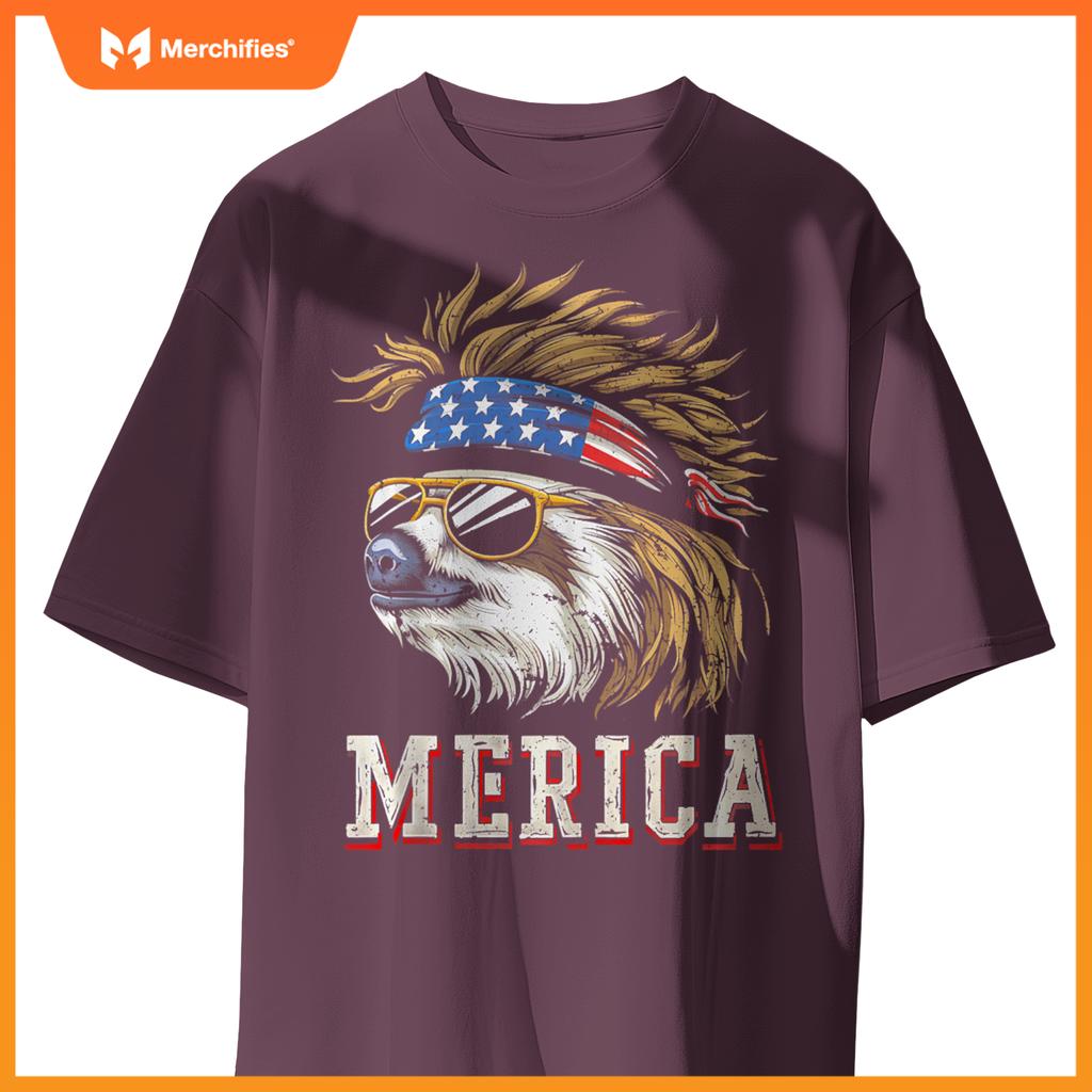 Sloth - Patriotic USA 4th of July American Flag Mullet Funny T-Shirt