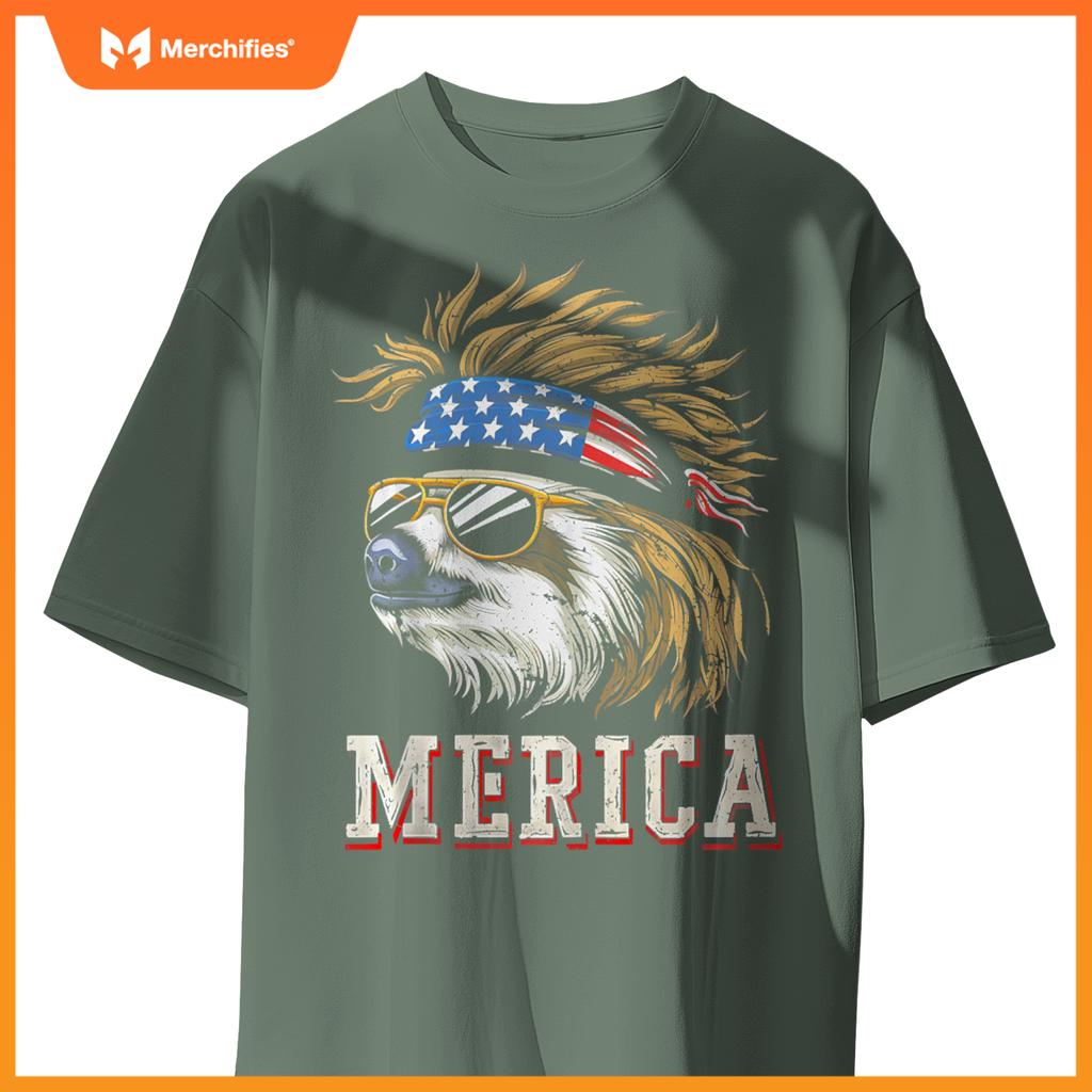 Sloth - Patriotic USA 4th of July American Flag Mullet Funny T-Shirt