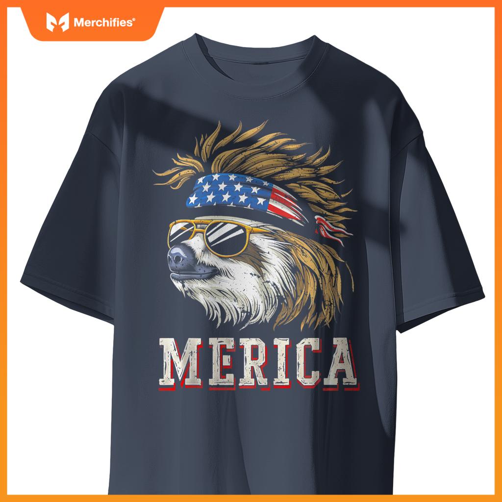 Sloth - Patriotic USA 4th of July American Flag Mullet Funny T-Shirt