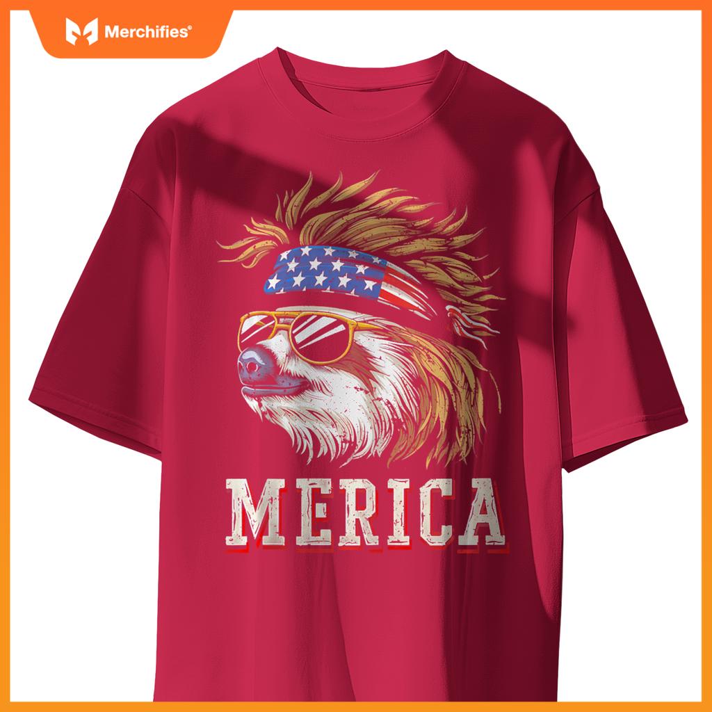 Sloth - Patriotic USA 4th of July American Flag Mullet Funny T-Shirt