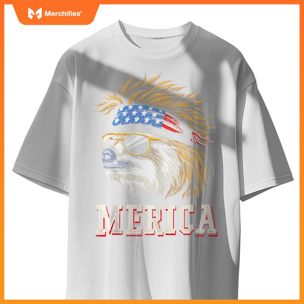 Sloth - Patriotic USA 4th of July American Flag Mullet Funny T-Shirt