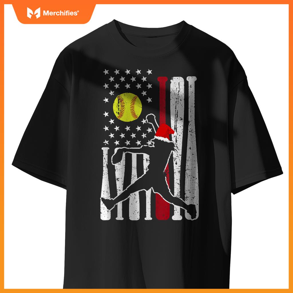 Softball USA Flag Santa Hat Patriotic Holiday Design T-Shirt