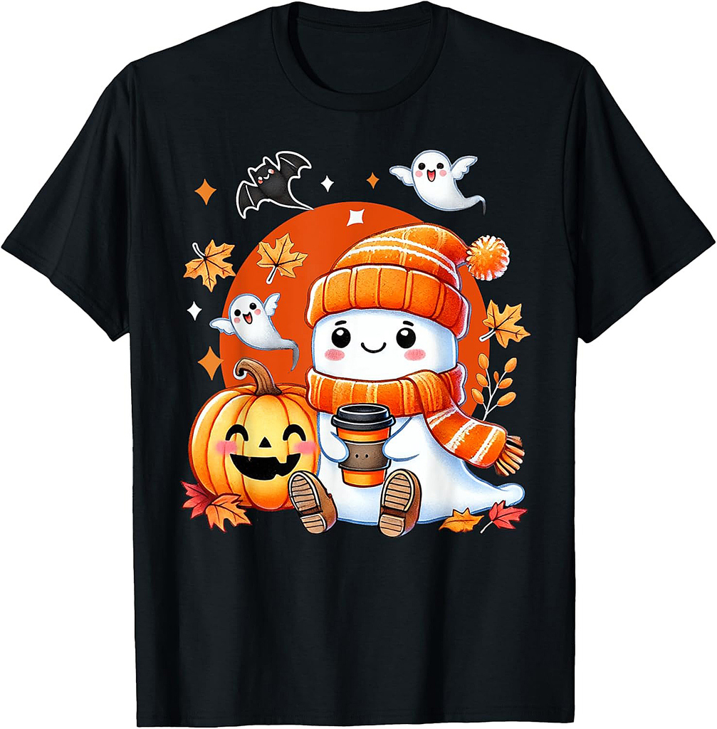 Spooky Cute Ghost Pumpkin Coffee Halloween Girls Fall Vibes T-Shirt