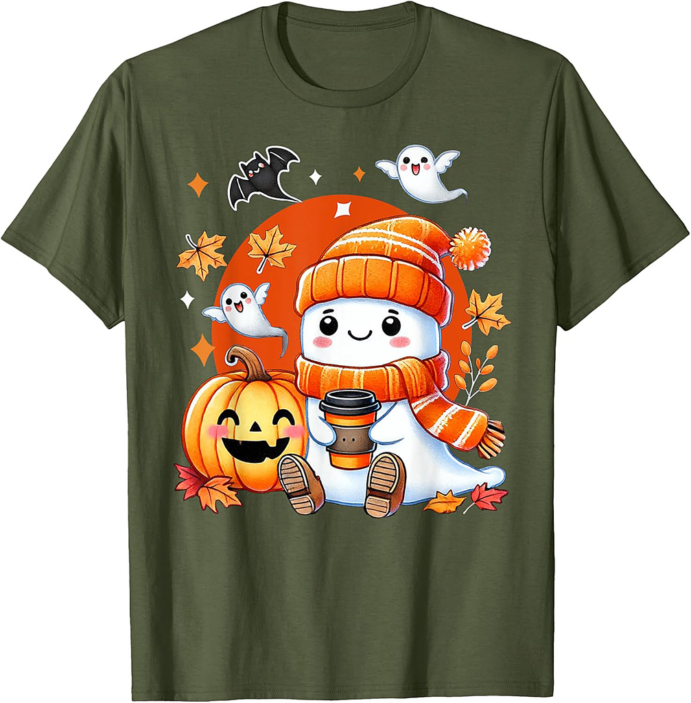 Spooky Cute Ghost Pumpkin Coffee Halloween Girls Fall Vibes T-Shirt