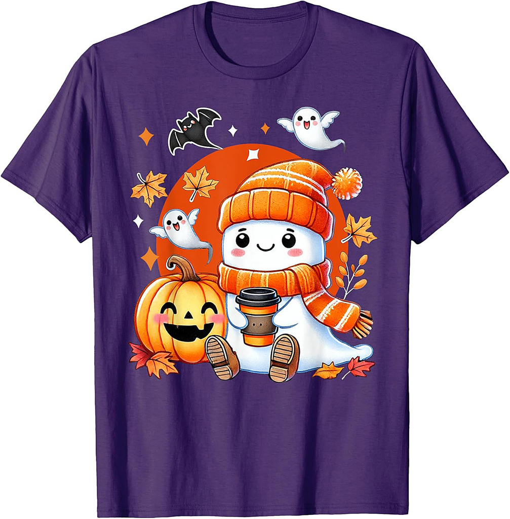 Spooky Cute Ghost Pumpkin Coffee Halloween Girls Fall Vibes T-Shirt