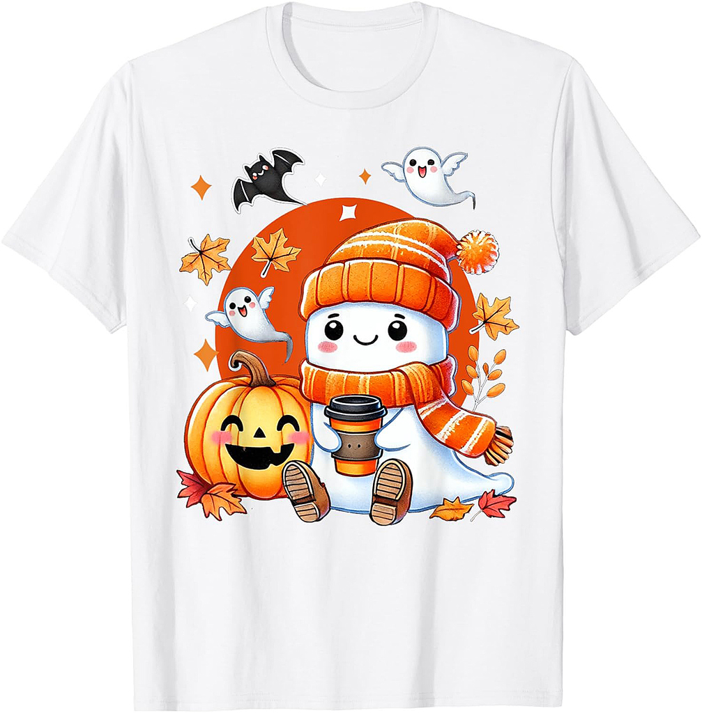 Spooky Cute Ghost Pumpkin Coffee Halloween Girls Fall Vibes T-Shirt