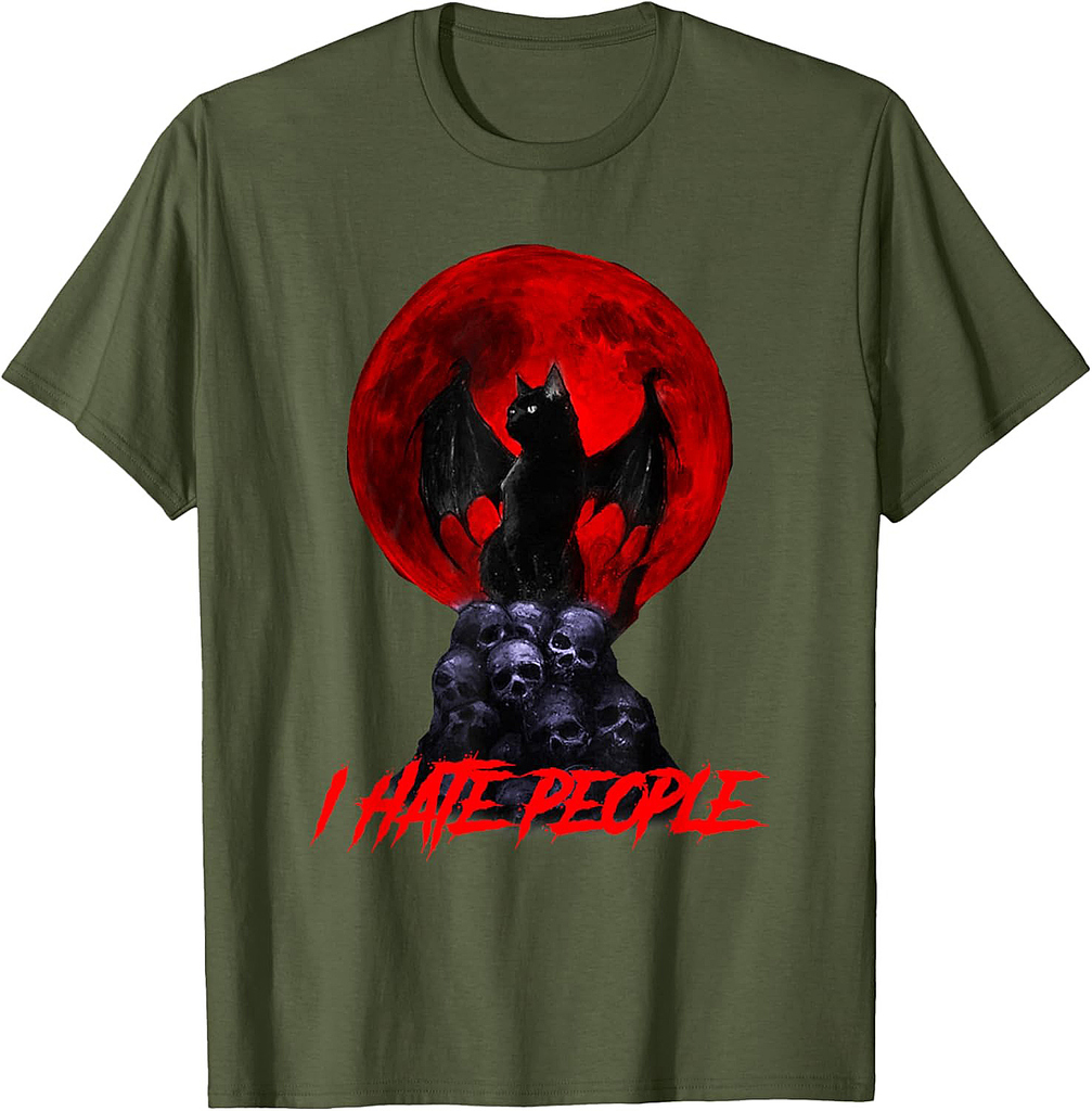 Spooky Evil Cat Vampire Hate People Halloween Red Moon T-Shirt for Men Women Kids
