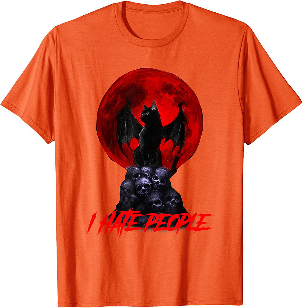 Spooky Evil Cat Vampire Hate People Halloween Red Moon T-Shirt for Men Women Kids