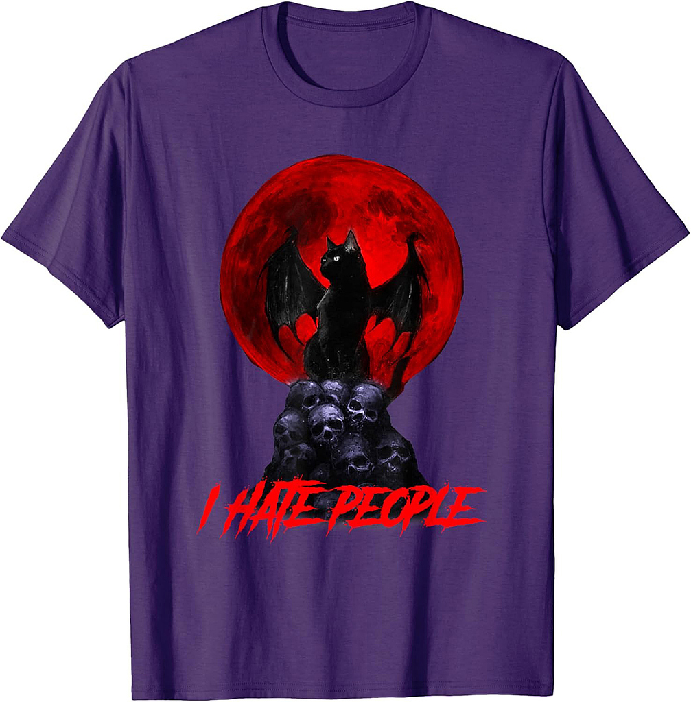 Spooky Evil Cat Vampire Hate People Halloween Red Moon T-Shirt for Men Women Kids