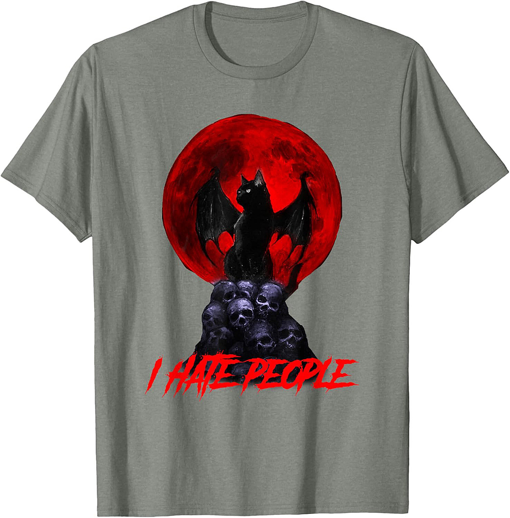 Spooky Evil Cat Vampire Hate People Halloween Red Moon T-Shirt for Men Women Kids