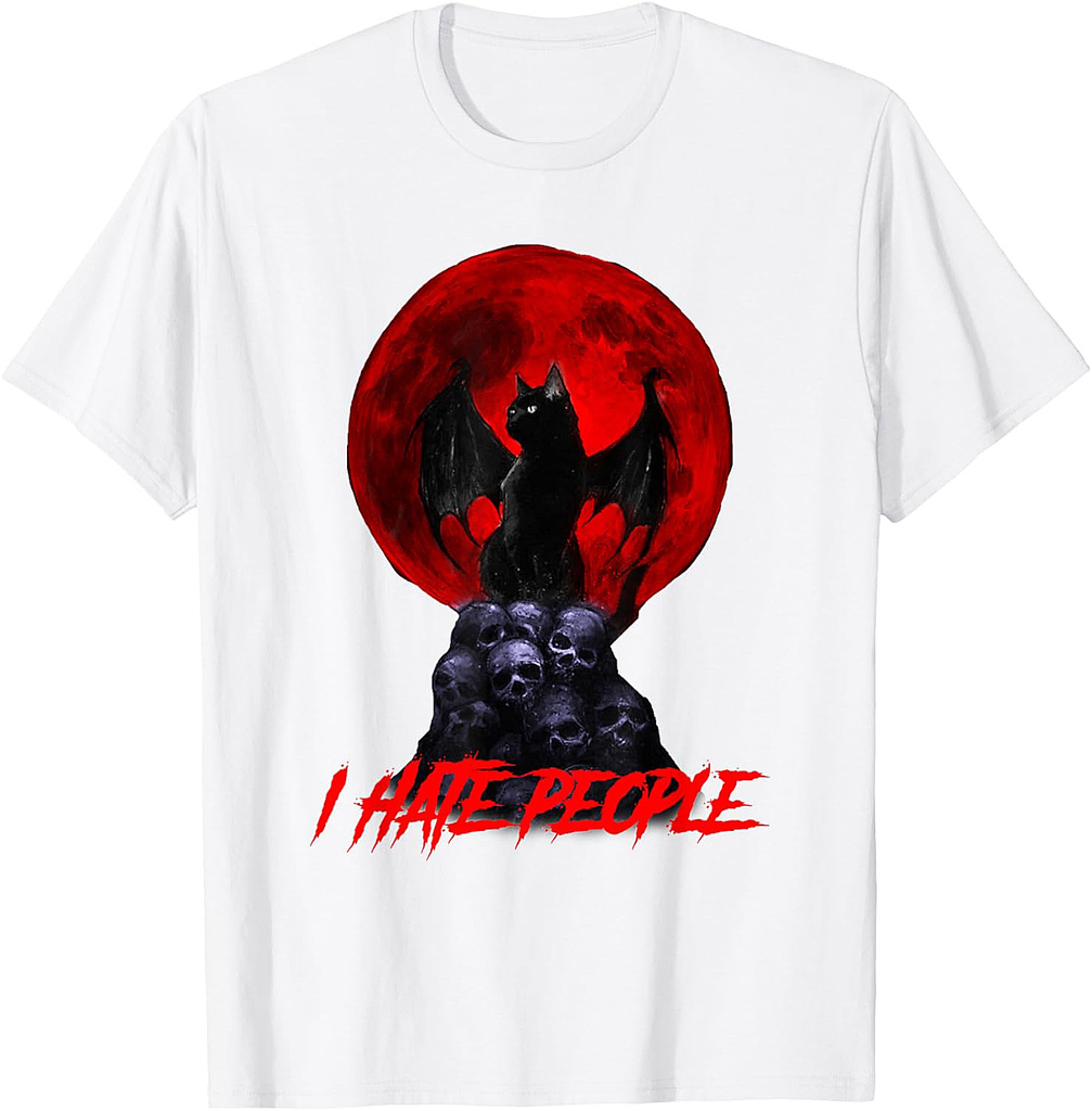 Spooky Evil Cat Vampire Hate People Halloween Red Moon T-Shirt for Men Women Kids