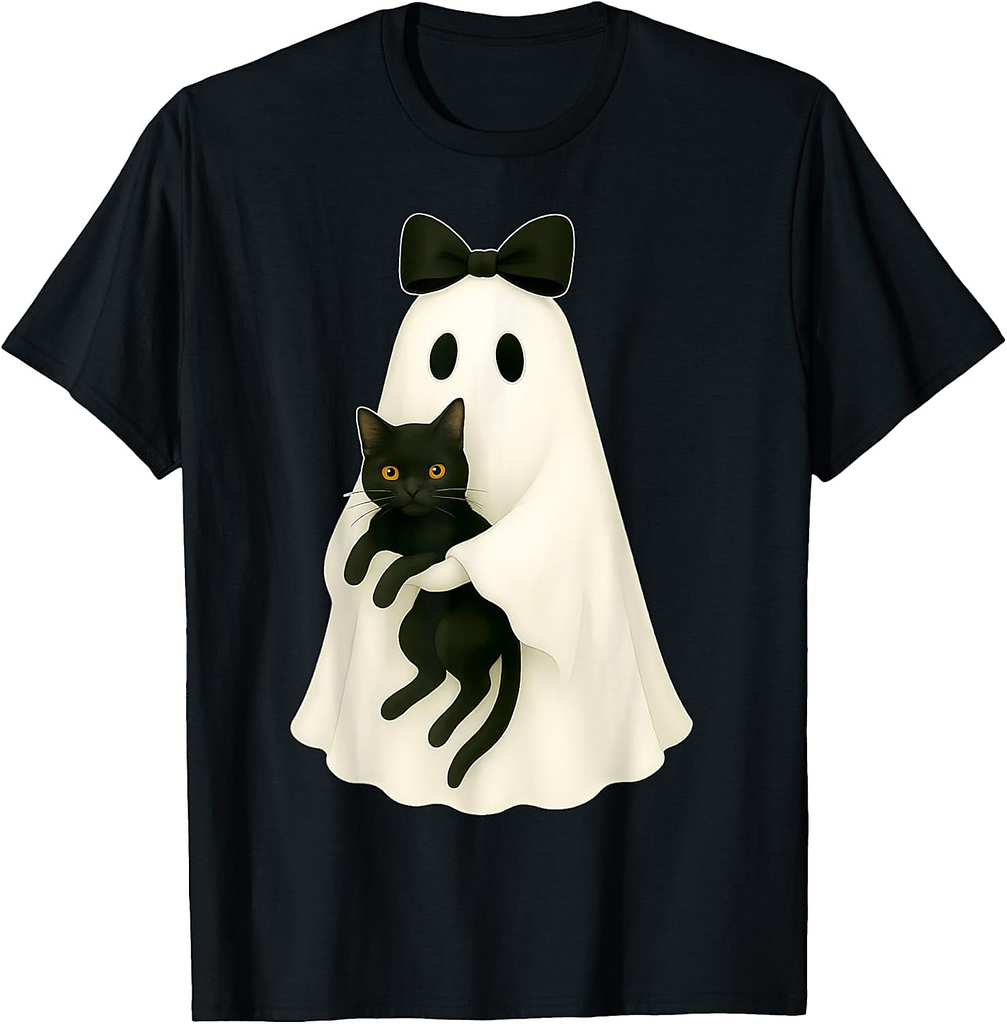 Spooky Ghost Holding Black Cat Halloween Coquette Bow T-Shirt