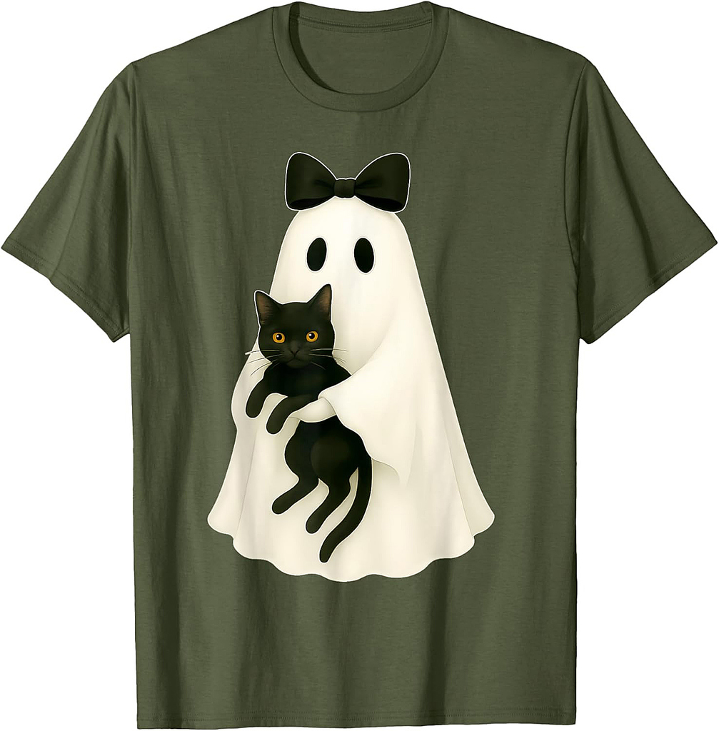 Spooky Ghost Holding Black Cat Halloween Coquette Bow T-Shirt