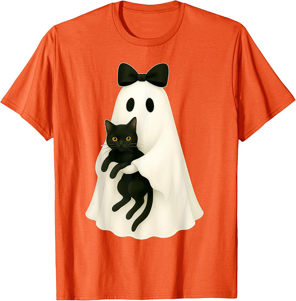 Spooky Ghost Holding Black Cat Halloween Coquette Bow T-Shirt