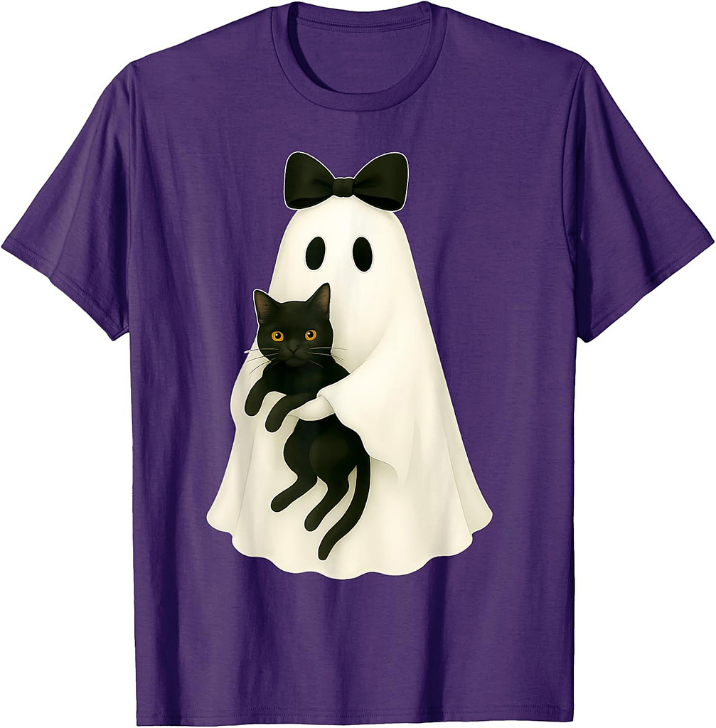Spooky Ghost Holding Black Cat Halloween Coquette Bow T-Shirt
