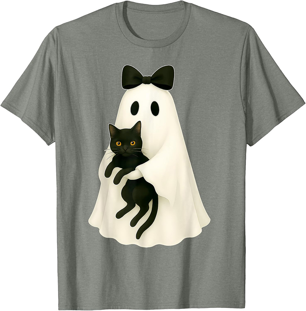 Spooky Ghost Holding Black Cat Halloween Coquette Bow T-Shirt