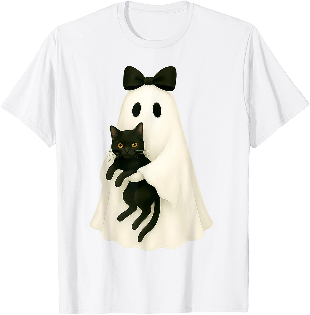 Spooky Ghost Holding Black Cat Halloween Coquette Bow T-Shirt