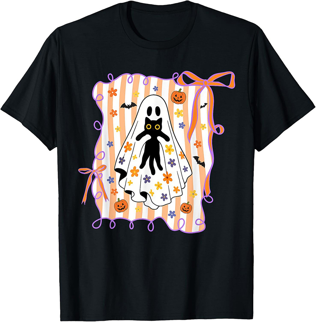 Spooky Ghost Holding Black Cat Halloween Coquette Bow Women T-Shirt
